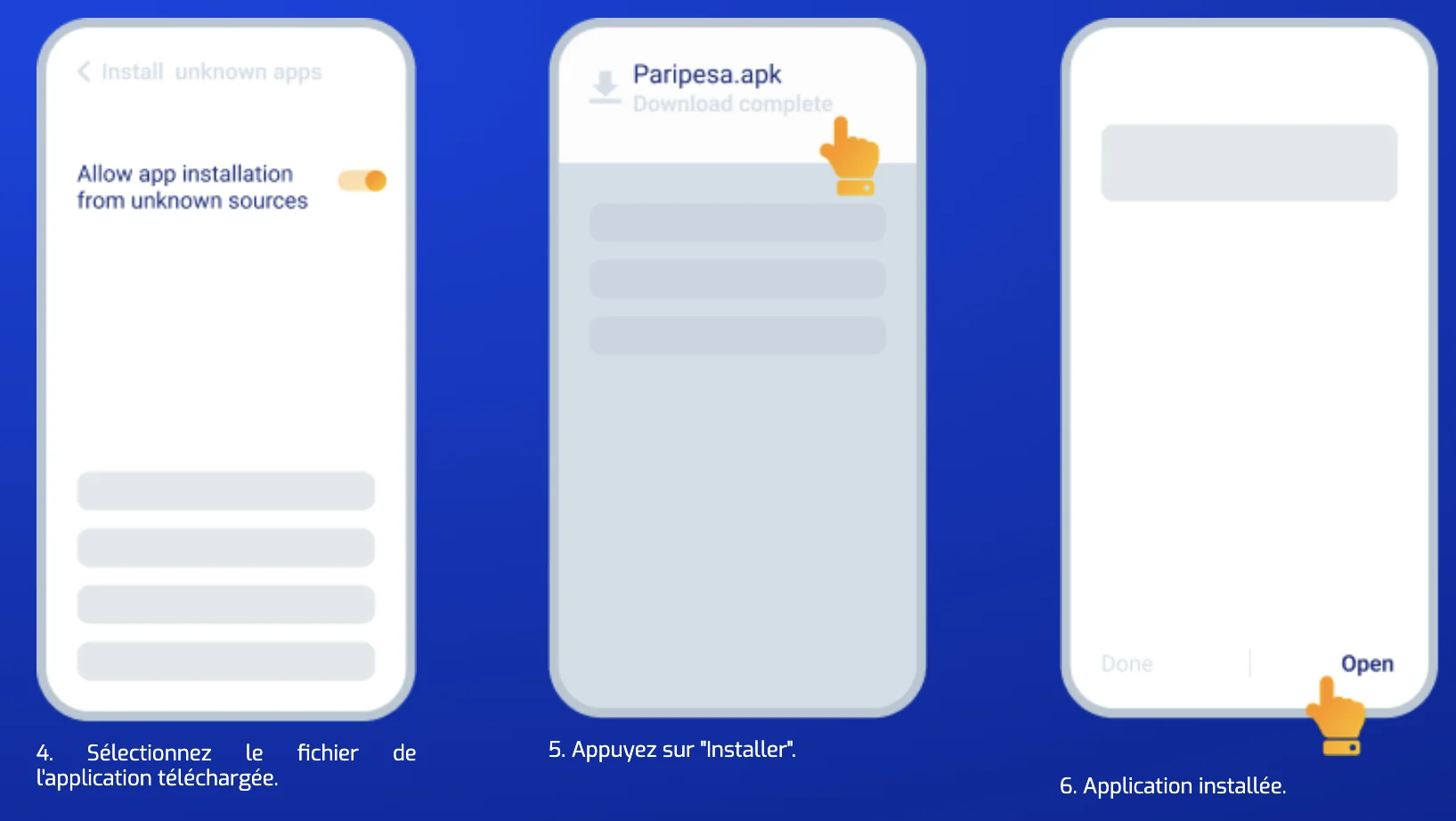 Android, étapes 4 à 6 : ouvrir le fichier téléchargé, installer et lancer PariPesa.