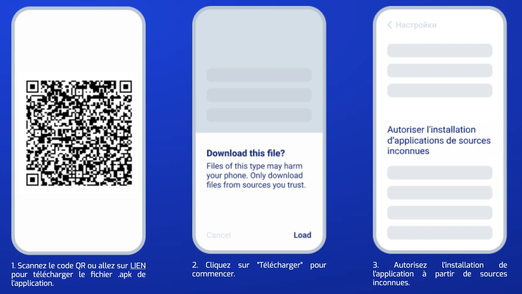 Android, étapes 1 à 3 : téléchargement de l’APK et autorisation d’installation pour le navigateur utilisé.