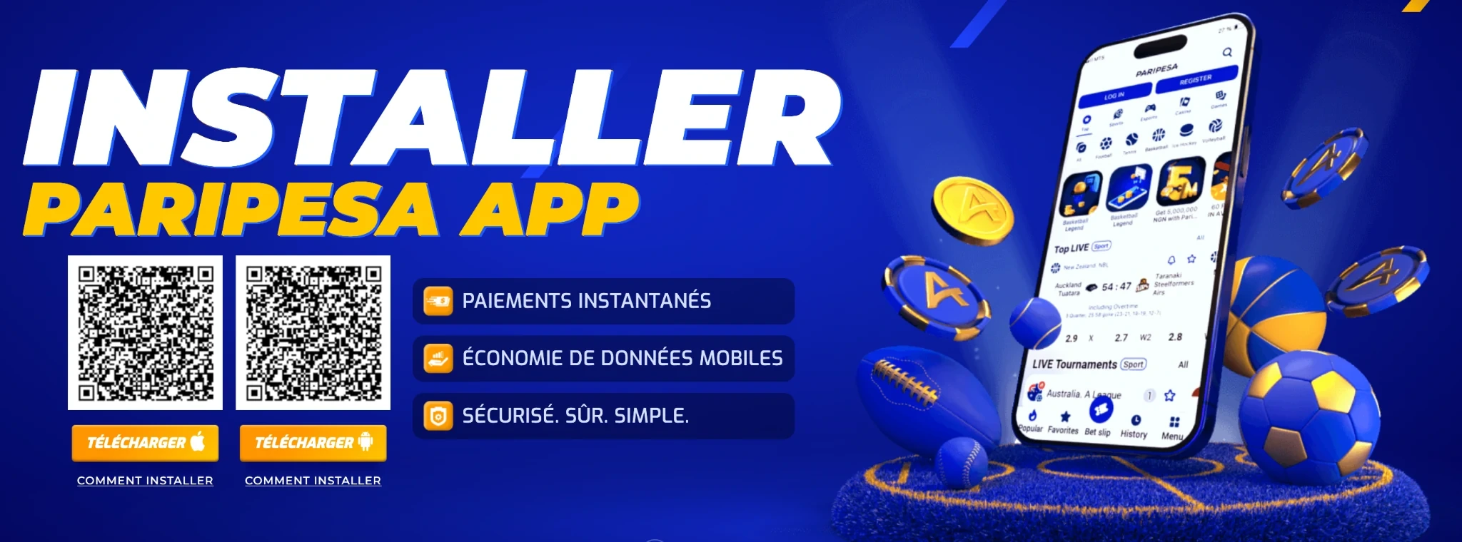 Page française de téléchargement PariPesa : boutons Android et Apple et instructions pour chaque appareil.