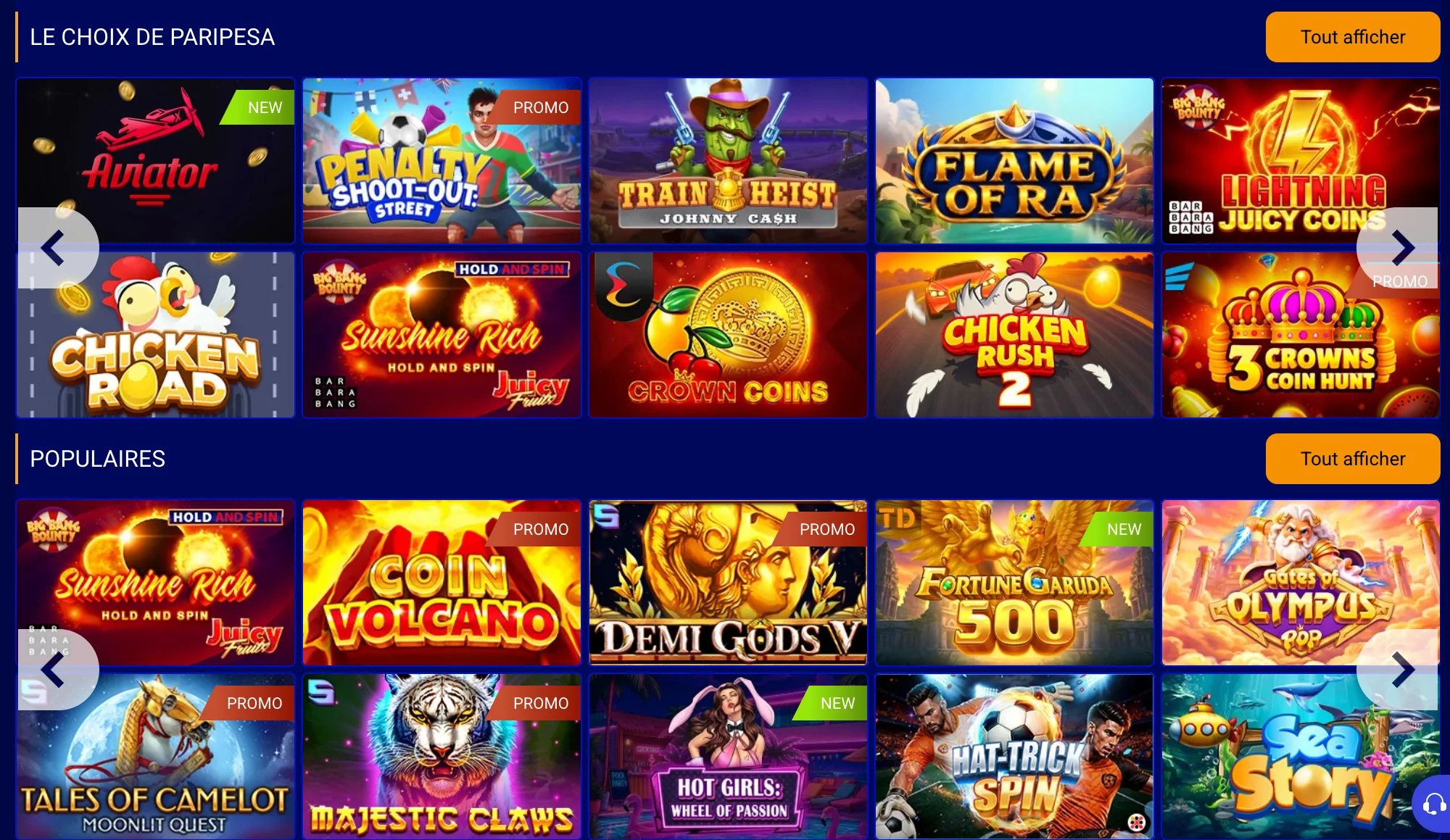Exemple du catalogue casino PariPesa : rubriques Le choix de PariPesa et Populaires, avec Aviator et d’autres jeux.