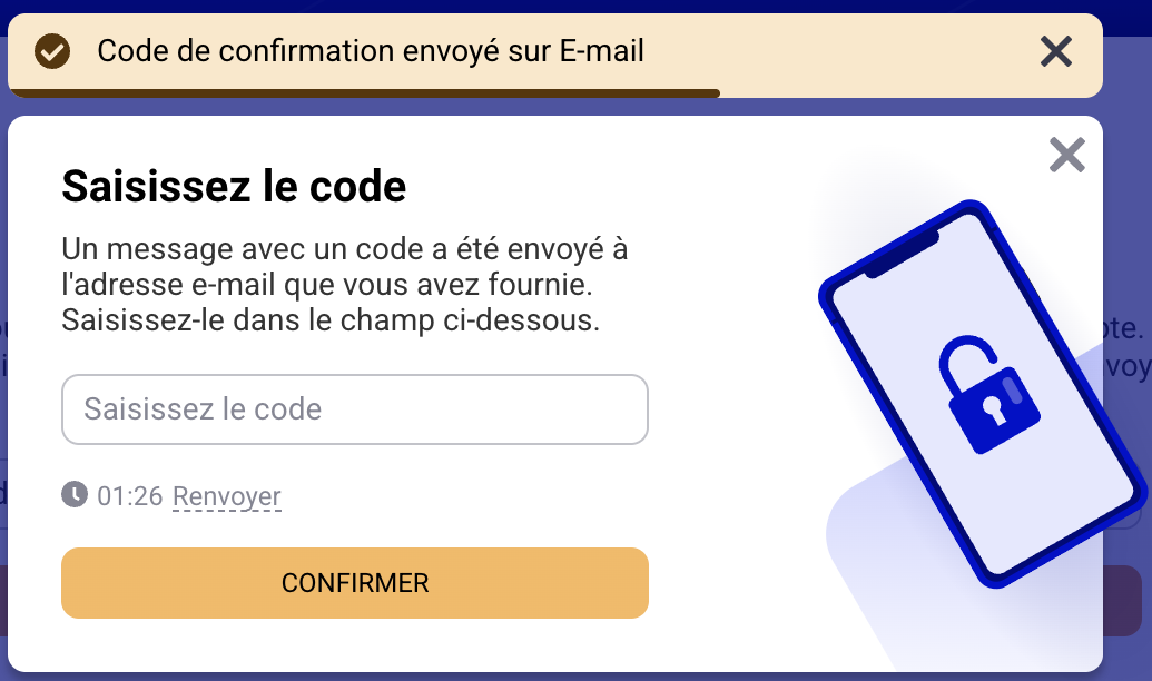 Confirmation du nouvel appareil : saisir le code reçu, attendre le délai si un renvoi est nécessaire, puis Confirmer.