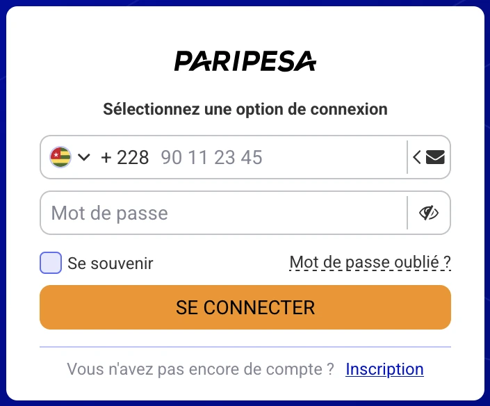 Connexion PariPesa Togo : téléphone +228, option e-mail et lien Mot de passe oublié.