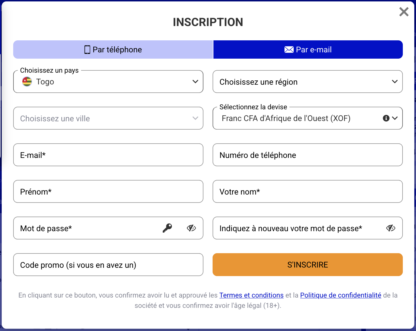 Onglet Par e-mail : Togo, région, ville, XOF, e-mail, téléphone, prénom, nom, mot de passe et code promo.