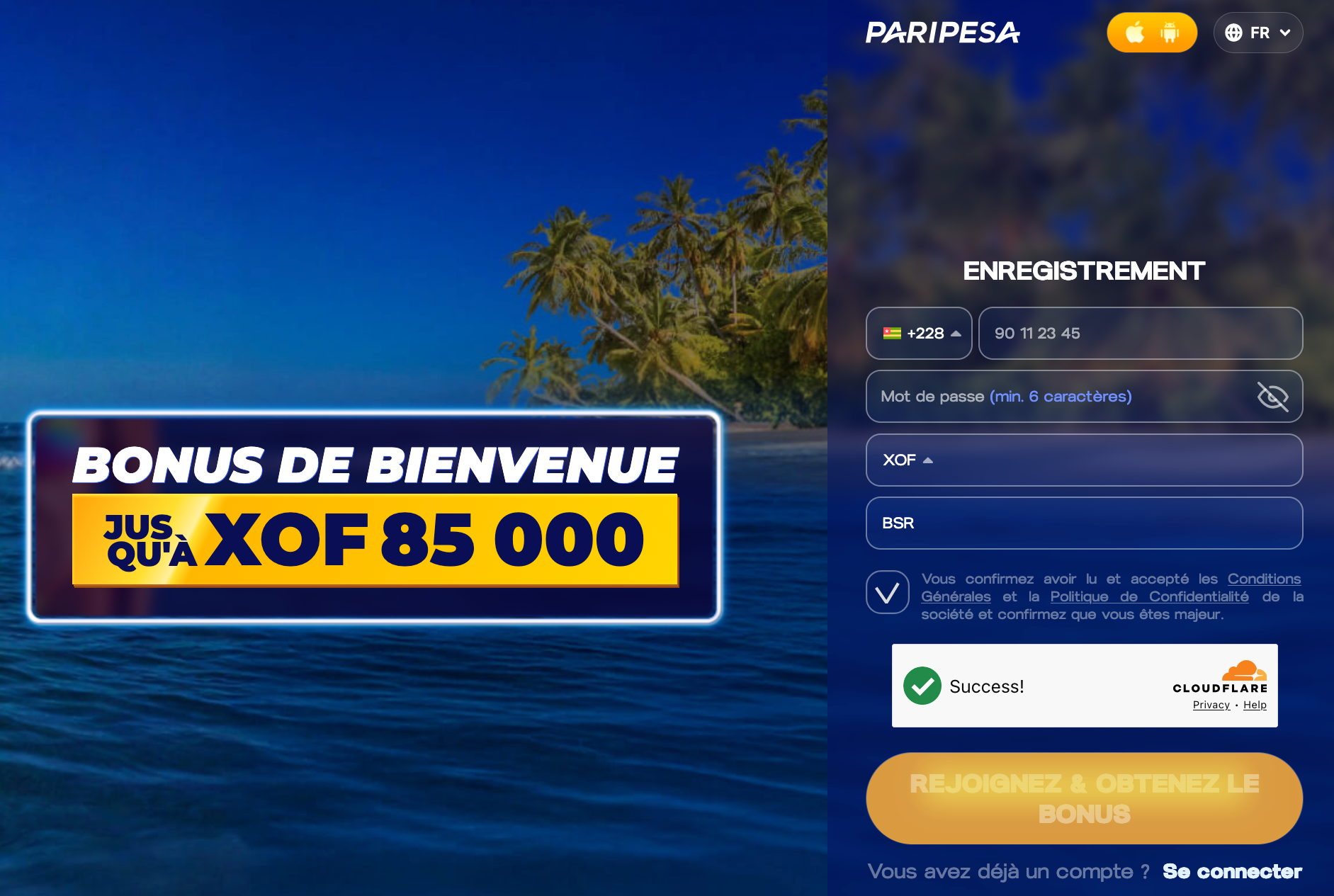 Inscription PariPesa Togo : indicatif +228, devise XOF et code promo BSR.