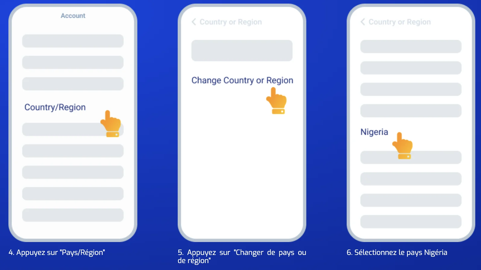 Exemple du guide iPhone PariPesa : Pays/Région, changement de région et Nigeria.