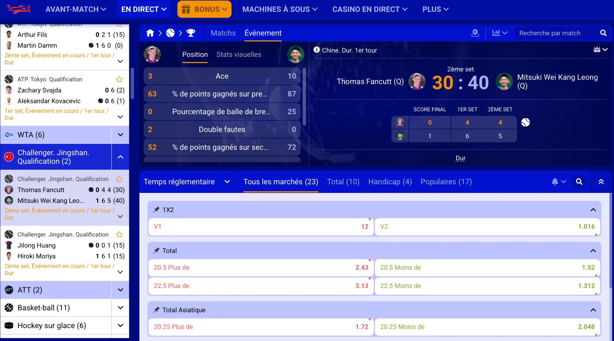 Exemple de tennis en direct PariPesa : score, statistiques et marchés. Les données de cette capture correspondent à un instant précis.