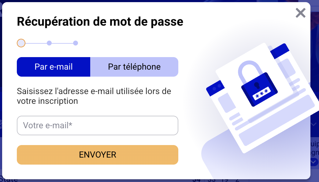 1 · Récupération du mot de passe : choix Par e-mail ou Par téléphone.