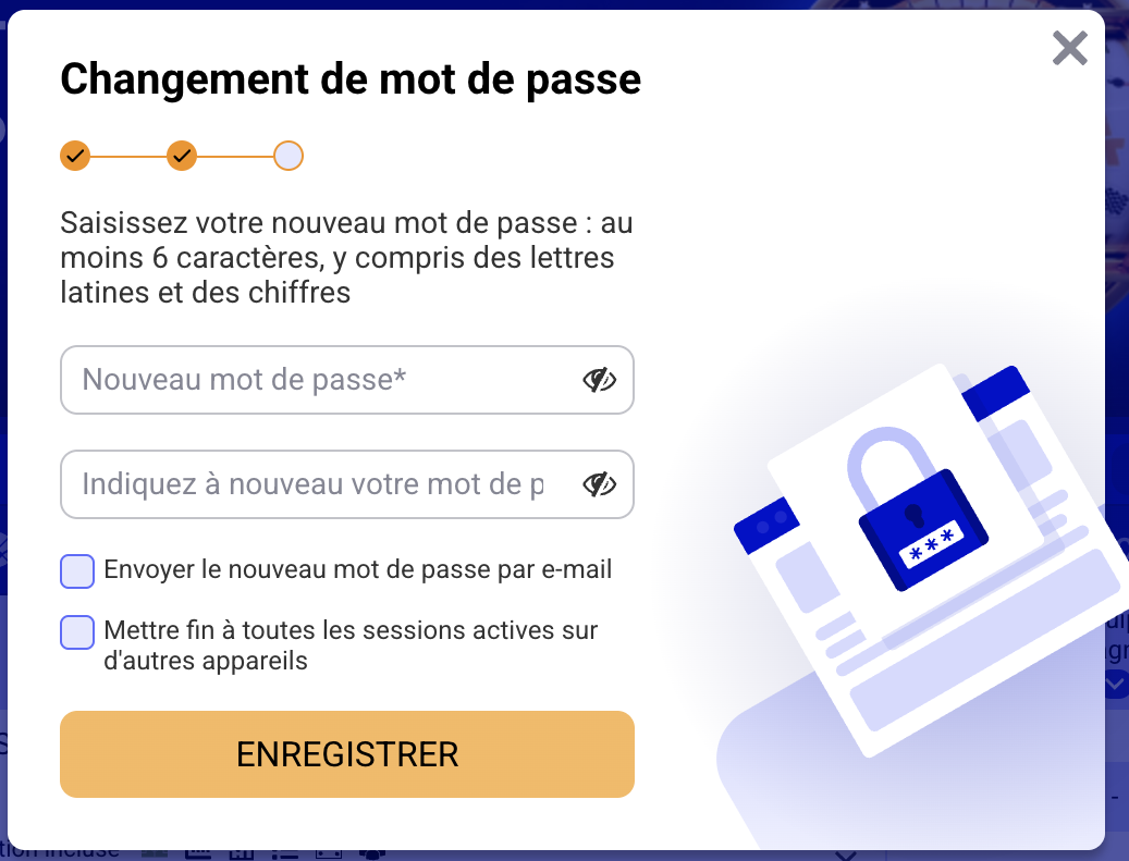 3 · Nouveau mot de passe : double saisie, options de sécurité et bouton Enregistrer.